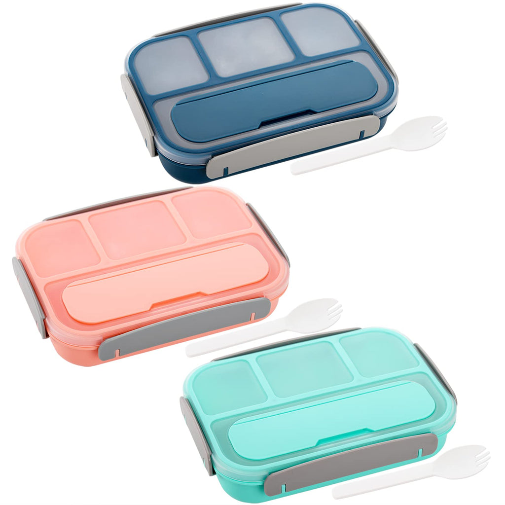 Okllen 3 Pack Bento Lunch Box, Plastic Bento Box Adult Lunch Box with 4-Compartment & Spoon, Leakproof Lunch Containers for Meals,Snacks, School, Company, and Travel, Pink, Green, Blue