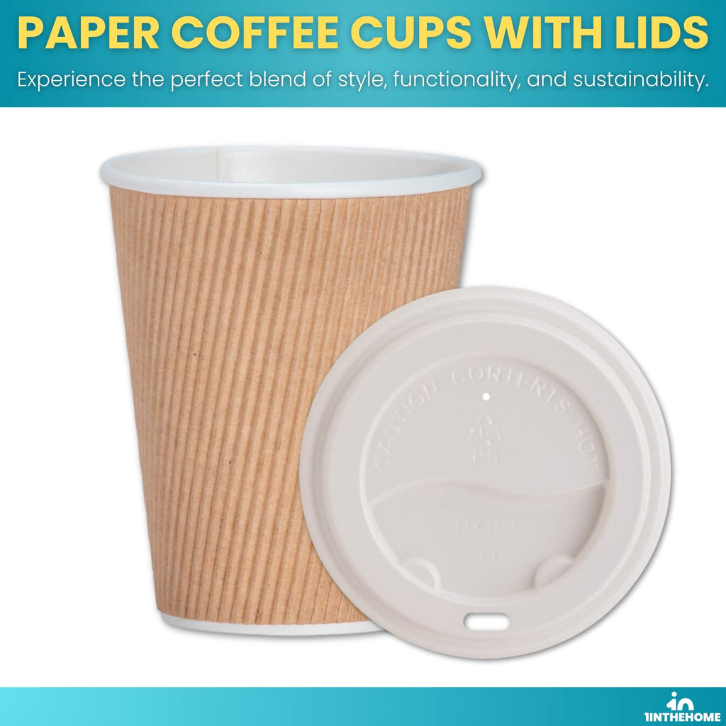 1InTheHome Disposable Coffee Cups with Lids, Paper Cups 10 oz, Insulated Ripple Wall, 50 Pack