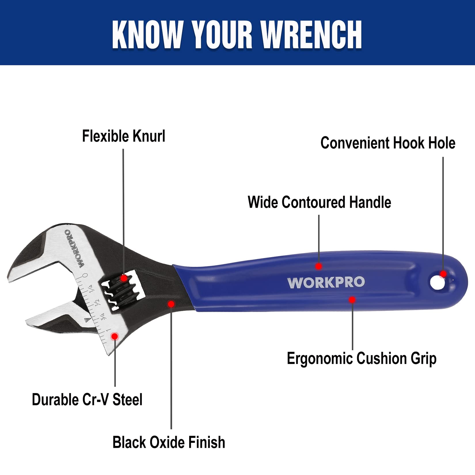 WORKPRO 8-Inch Adjustable Wrench, Cr-V Steel Wrench, Wide Jaw Black Oxide Wrench, Metric & SAE Scales, for Home, Garage, Workshop and DIY - Blue