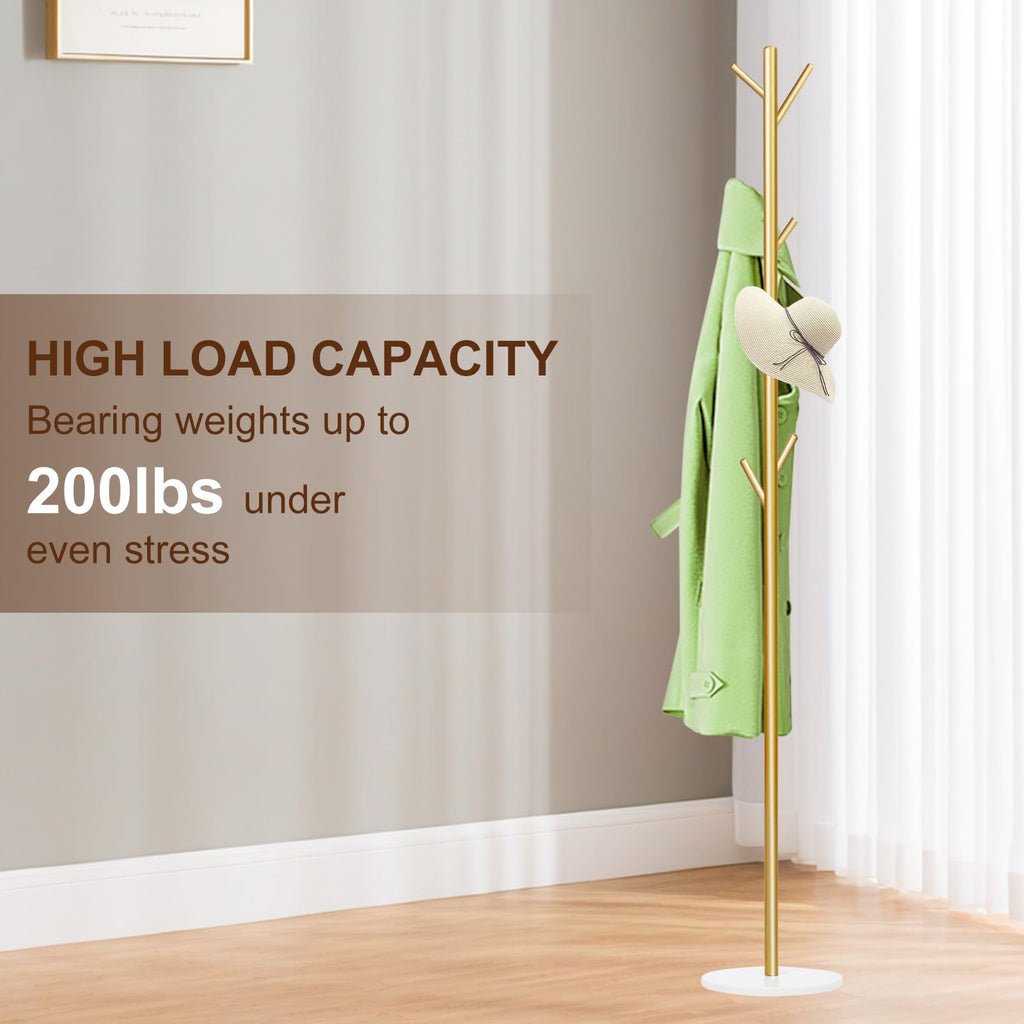 Coat Rack, Metal Freestanding Coat Rack with 8 Hooks, Sturdy Coat Tree with Natural Marble Base for Coats, Hats, Scarves and Handbags for Entryway, Hallway, Bedroom, Office(Gold)