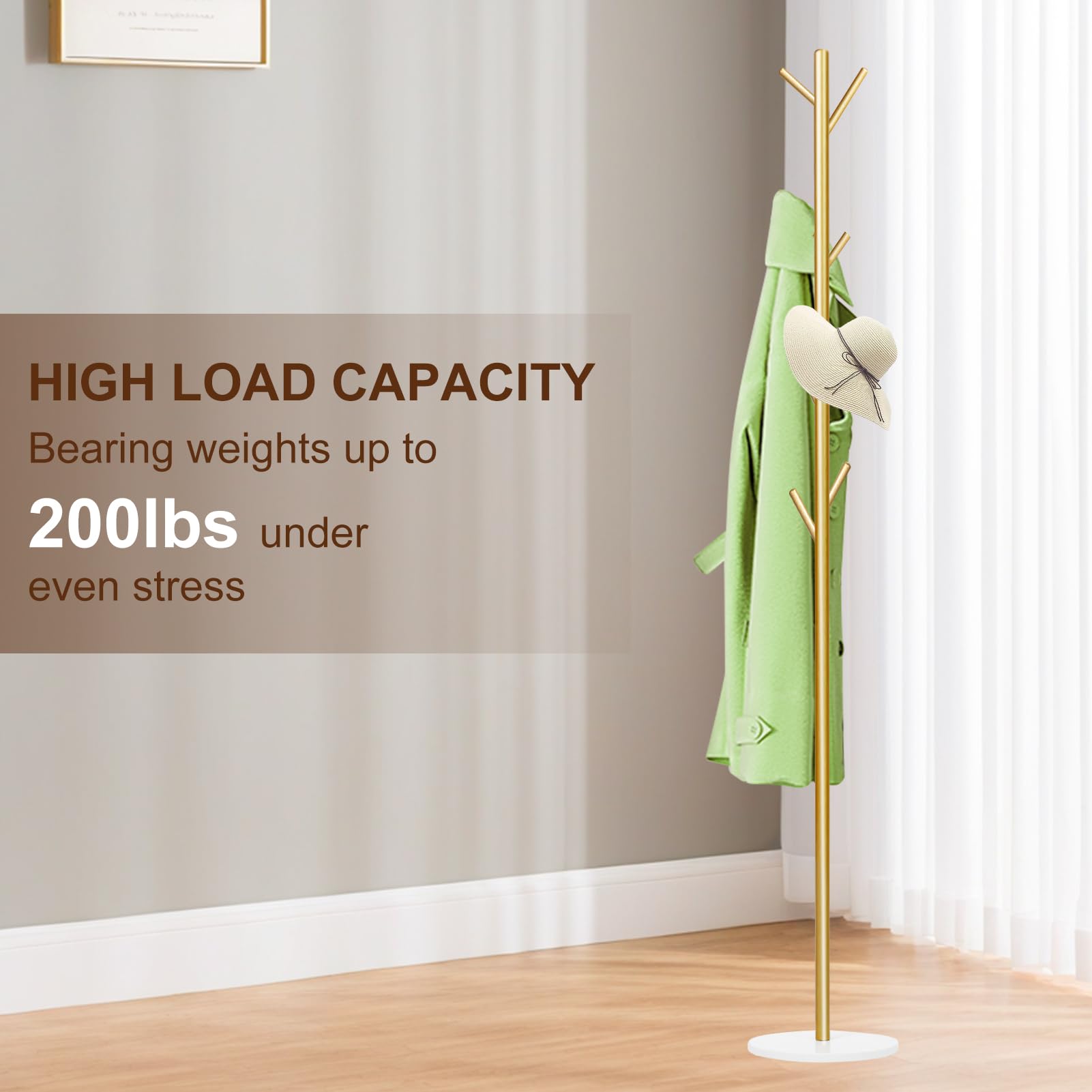 Coat Rack, Metal Freestanding Coat Rack with 8 Hooks, Sturdy Coat Tree with Natural Marble Base for Coats, Hats, Scarves and Handbags for Entryway, Hallway, Bedroom, Office(Gold)