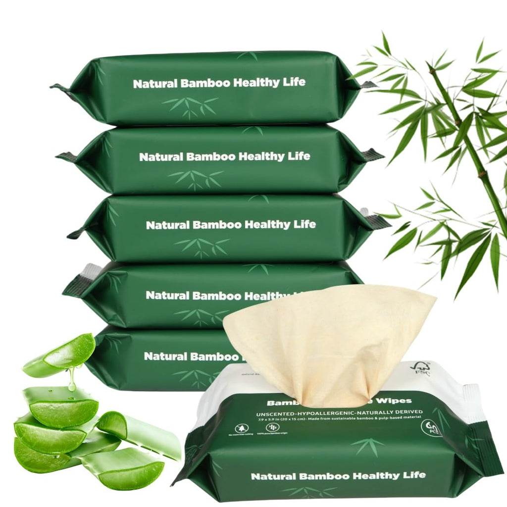 QingYa Bamboo Flushable Wipes,Septic Safe,Soft, Soothing Botanicals & Aloe, Unscented,Eco Friendly, Natural Brown Bamboo-Pulp Based Flusable Wipes for Women/Kids/Adults 360Count (6 Packs of 60)