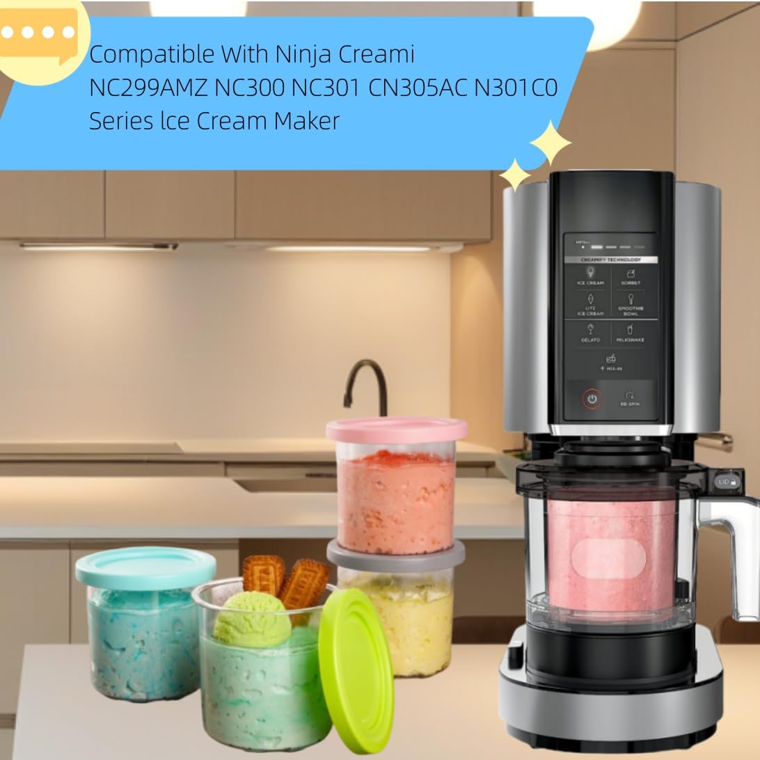 4-Pack Ninja Creami Containers for NC300/NC301/NC299AMZ, BPA-Free Replacement Pints with Color Lids & Recipe Scoop, Dishwasher-Safe & Leak-Proof Ice Cream Maker Accessories for Ninja Creami