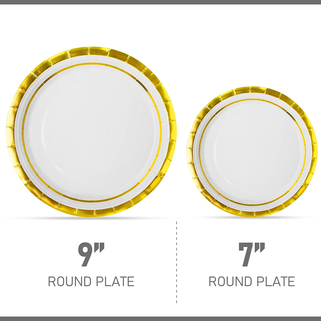 100 Pieces Gold Rimmed Plates Bulk, Heavy Duty Disposable Paper Plates Round Party Plates, 9 Inch Dinner Plates & 7 Inch Dessert Plates for Wedding, Birthday, Baby Showe