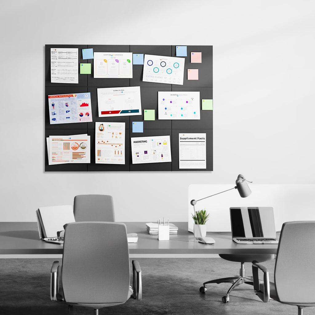 MaxGear Large Cork Board for Wall 36" x 24", Black Bulletin Board, 6 Pack Felt Wall Tiles with Pushpins, Cork Boards for Office Push Pin Board Tack Felt Board