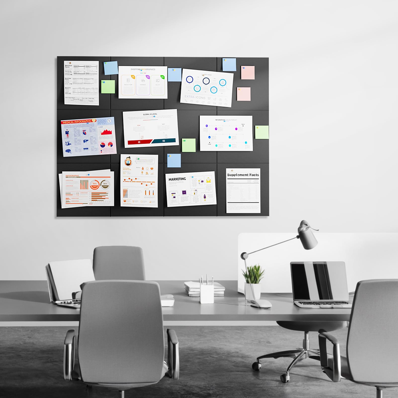 MaxGear Large Cork Board for Wall 36" x 24", Black Bulletin Board, 6 Pack Felt Wall Tiles with Pushpins, Cork Boards for Office Push Pin Board Tack Felt Board