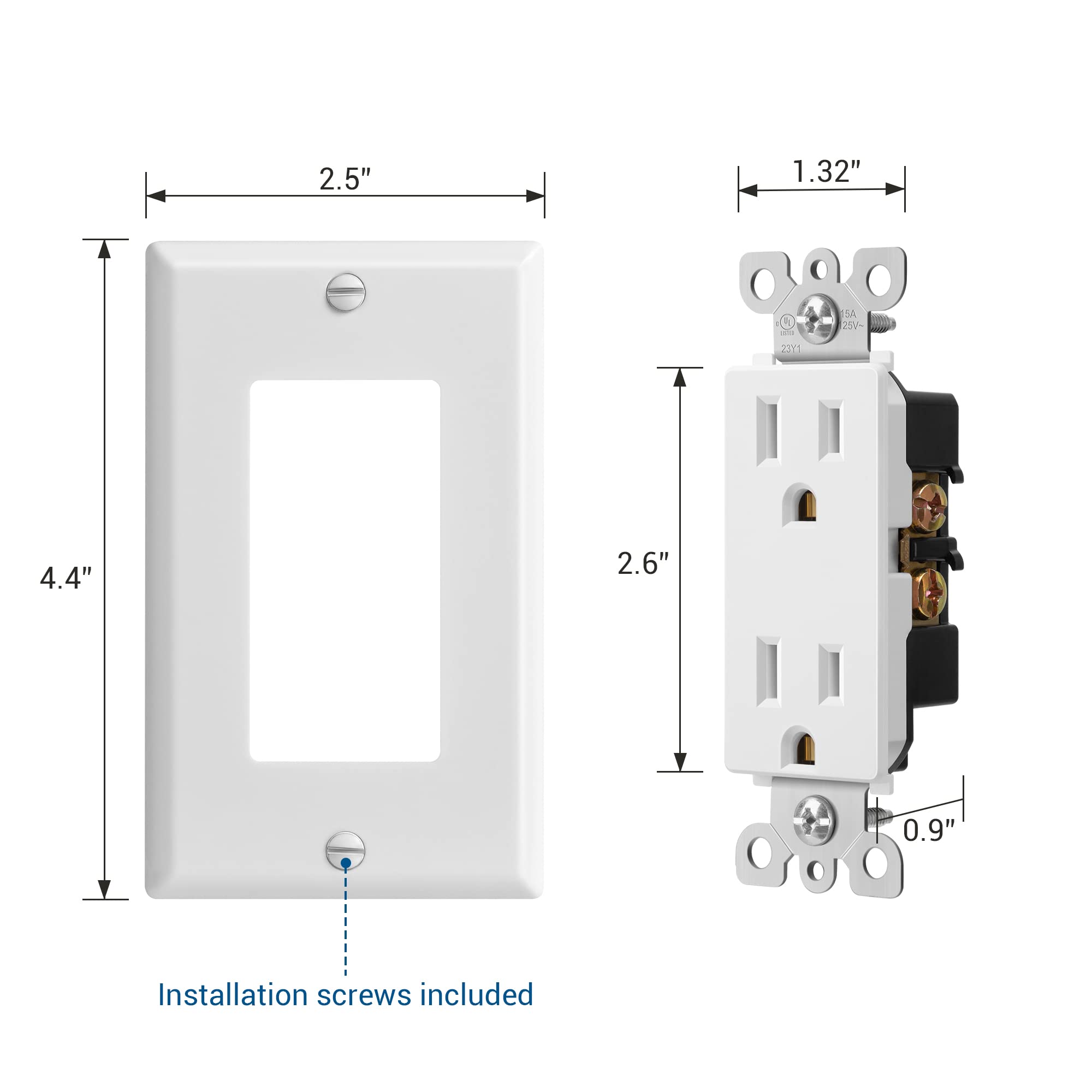 Dewenwils Decorator Receptacle Outlet with Wall Plate, 15 Amp Standard Electrical Wall Outlet, Non-Tamper Resistant, UL Listed, White (10 Pack)