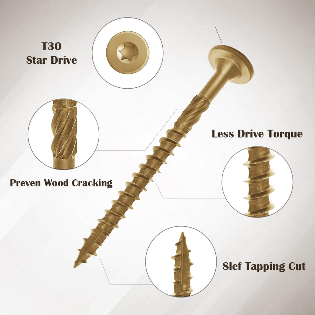 SahncaiTechTrade 3 Inch Deck Screws 50Pcs, Heavy-Duty Structural Wood Screws, Rust Resistant Timber Screws for Timber/Log/Landscaping Wood, T30 Star Bit (#14×3" Yellow)