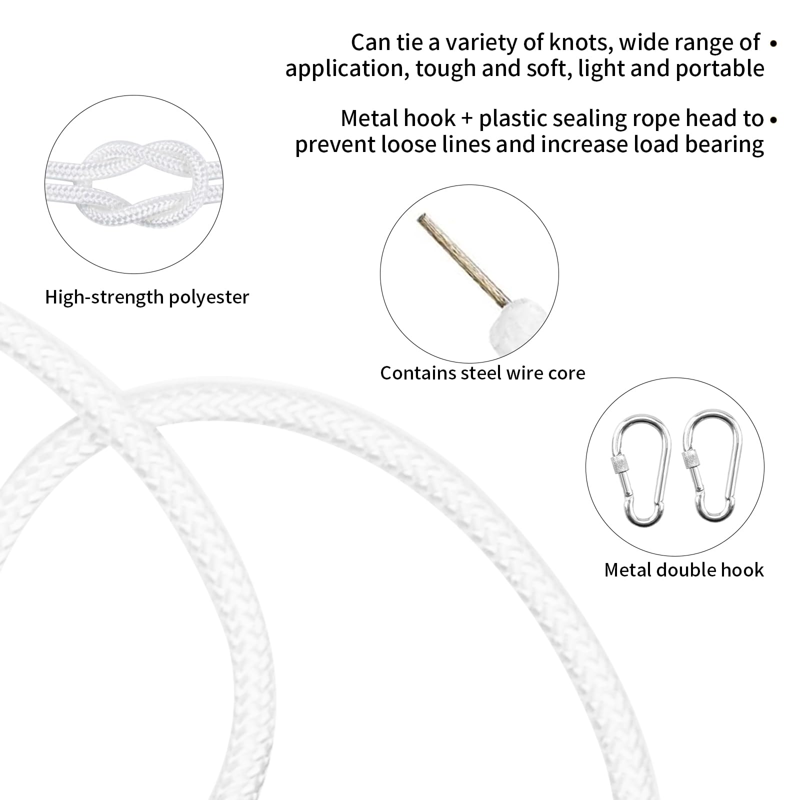 Jmlwlzx 5/16" x 66 ft Wire Center Flagpole Rope, White Braided Polyester Flagpole Halyard Rope with 2 Pieces Stainless Steel Snap Hooks, Solid Rope for Flagpole