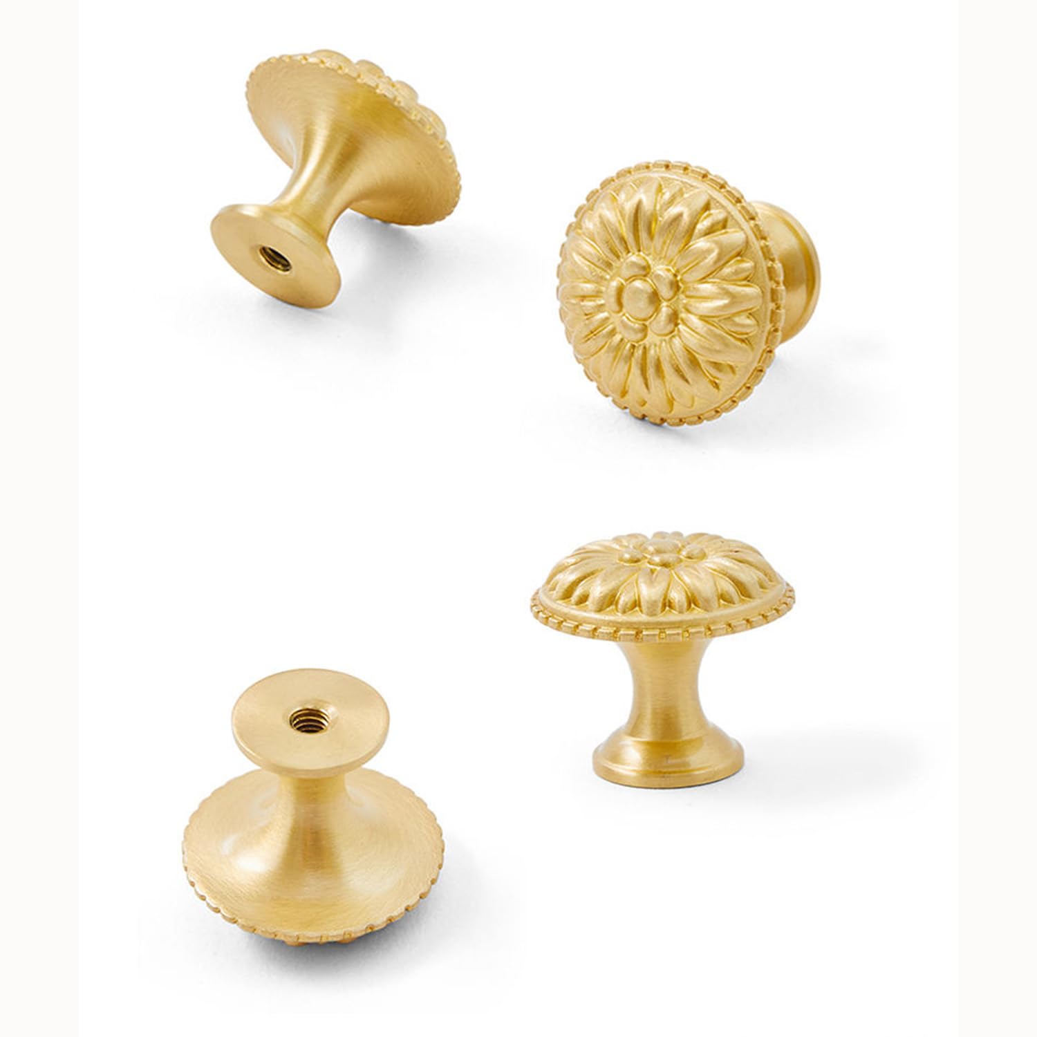 HIZEFSOO 4PCS Gold Brass Drawer Knobs - Solid Copper - Gold Brass Cabinet Knobs – Decorative Knobs - Vintage Antique Flower Round Brushed Gold Solid Brass Drawer Cabinet Dresser Knob Pull Handle