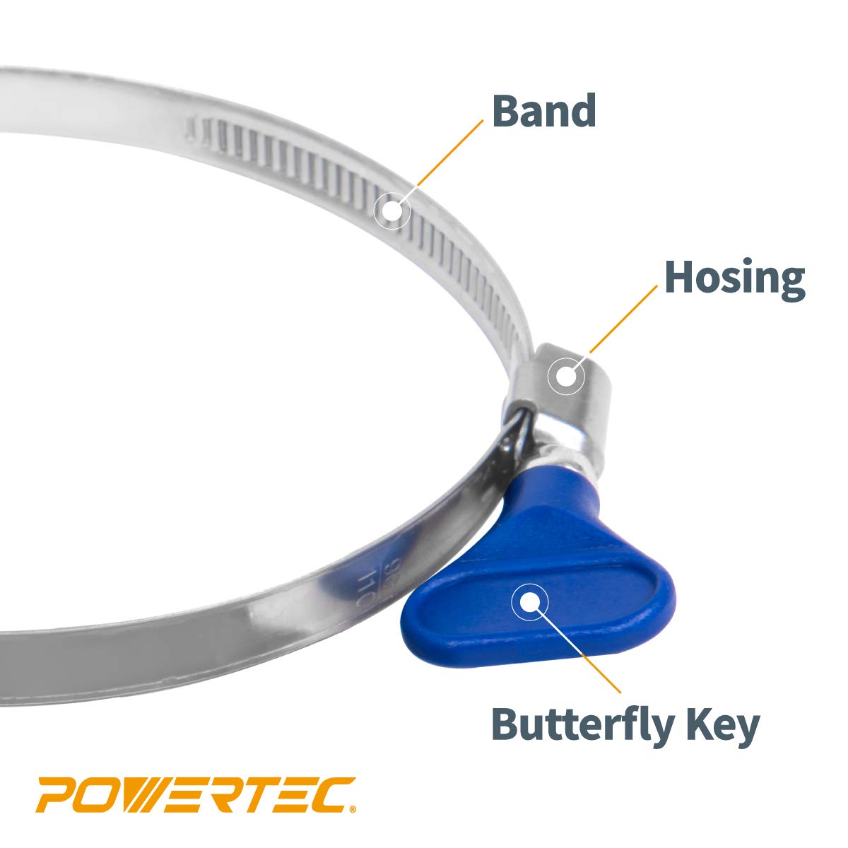 POWERTEC 70260 4 Inch Key Hose Clamp, Thumb Screw Key Adjustable Stainless Steel Hose Clamps for Dust Collection, Dust Collector and Dryer Vent Hose, Pipe Clamp, RV Clamp, Worm Gear Clamp, 10 Pack