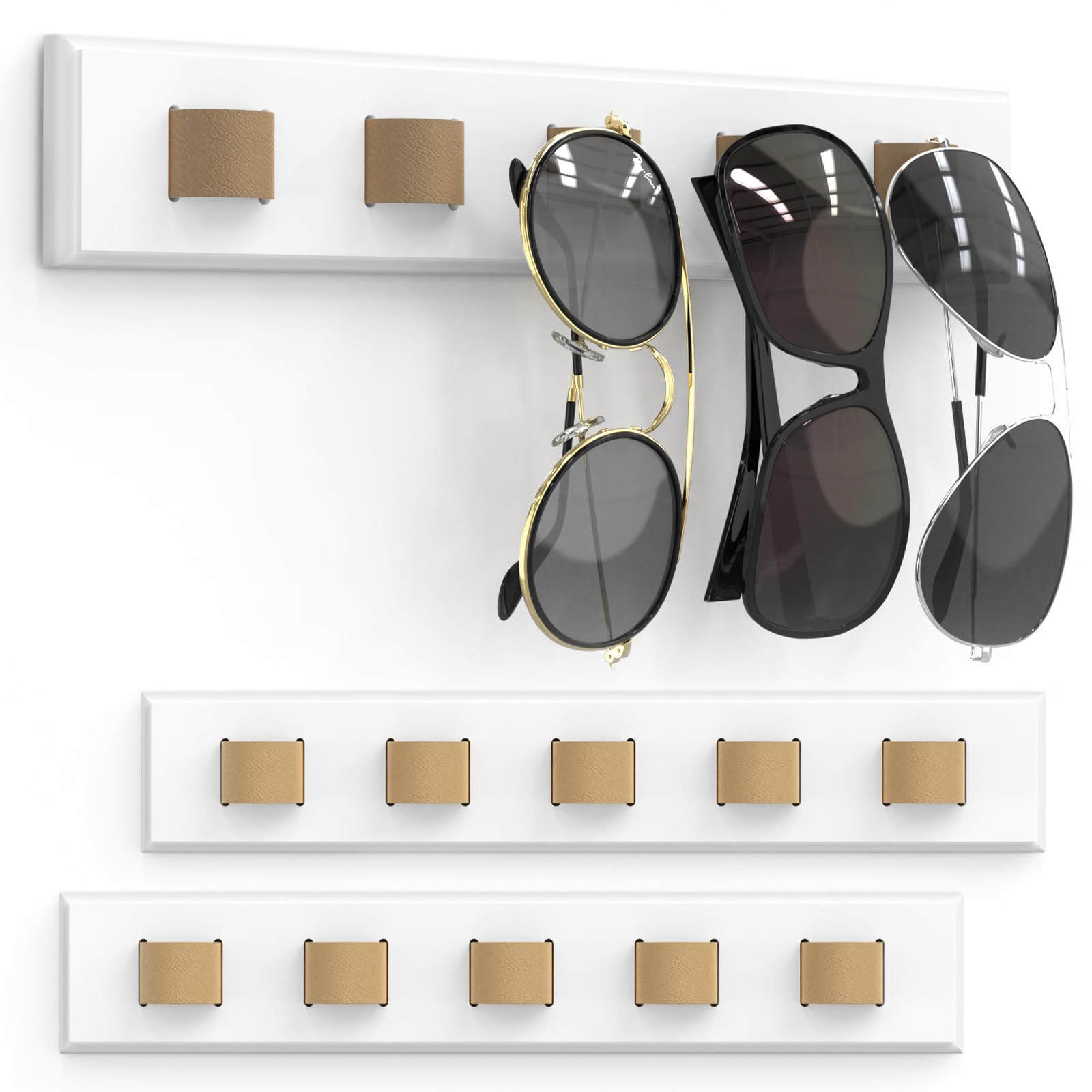 3 Pack Sunglass Organizer, Wall Mounted Sunglasses Organizer, Wooden Glasses Holder Sunglass Holder, Sunglasses Rack for Hanging Your Multiple Eyeglasses, for Wall, Home Decor(White)