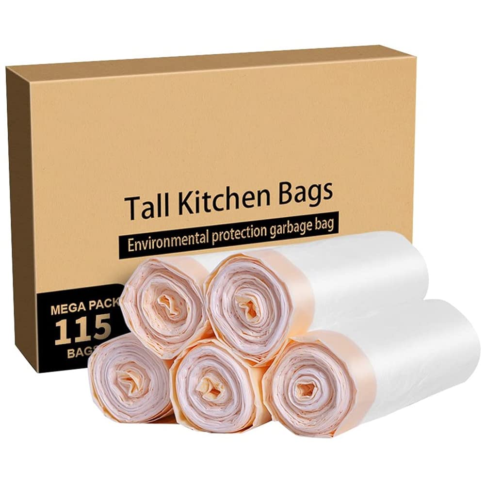 Meidong Garbage Bags，Trash Bags 49 Litres/13 Gallon Large Tall Kitchen Drawstring Strong Bags for Trash Can Garbage Bin(5 Rolls/115 Counts)