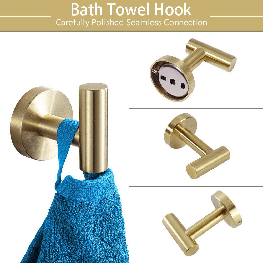 TocTen Bathroom Hardware Set SUS304 Stainless Steel-Towel Rack Set Include Hand Towel Bar+Toilet Paper Holder+3 Robe Towel Hooks Bathroom Accessories Towel Bar Set (Brushed Gold, 5 Pcs 16 Inch)