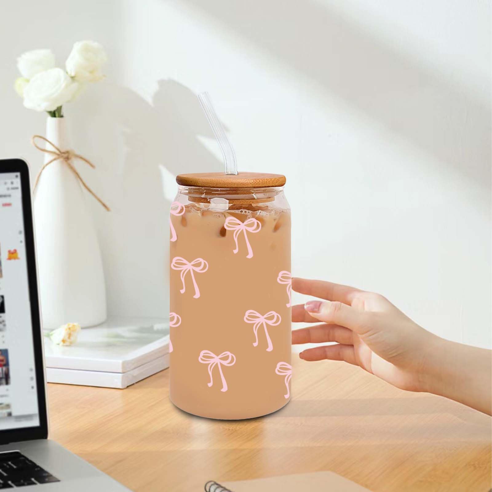 SNIBIUNO Cute Pink Bow Glass Cups with Lids and Straws, Aesthetic Iced Coffee Cup, Girly Preppy Design Tumbler Mug, Birthday Valentines Christmas Gifts for Women, Teen Girl Gifts Trendy Stuff