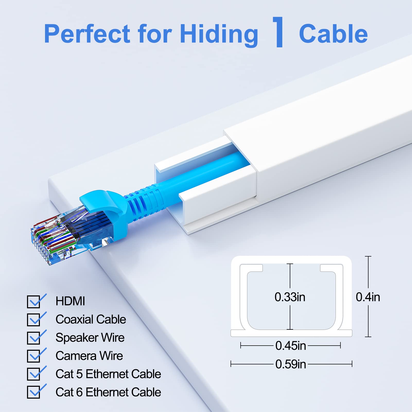 Yecaye Cord Hider, 113in One-Cord Cable Concealer, Cord Covers for Wires on Wall, Easy Install Cable Management Kit for 2 Small Wires, Cables Raceway Home Office, W0.59in H0.4in, White