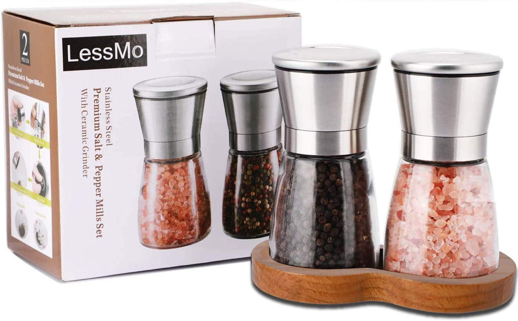 LessMo Salt and Pepper Grinder Set with Wooden Standing Tray, Refillable Pepper Mill Set - Brushed Stainless Steel - Short Glass Shakers with Adjustable Coarseness for Peppercorn, Salt or Spice Mill
