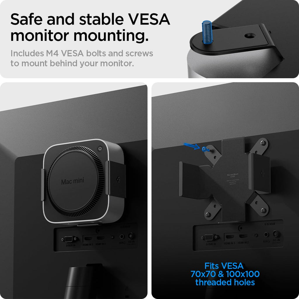 Spigen Mount Designed for Mac mini M4/M4 Pro (2024) VESA Anti-Scratch Behind Monitor, Under the Desk, Wall Stand VESA Hole Strong Adhesive LD205 - Black