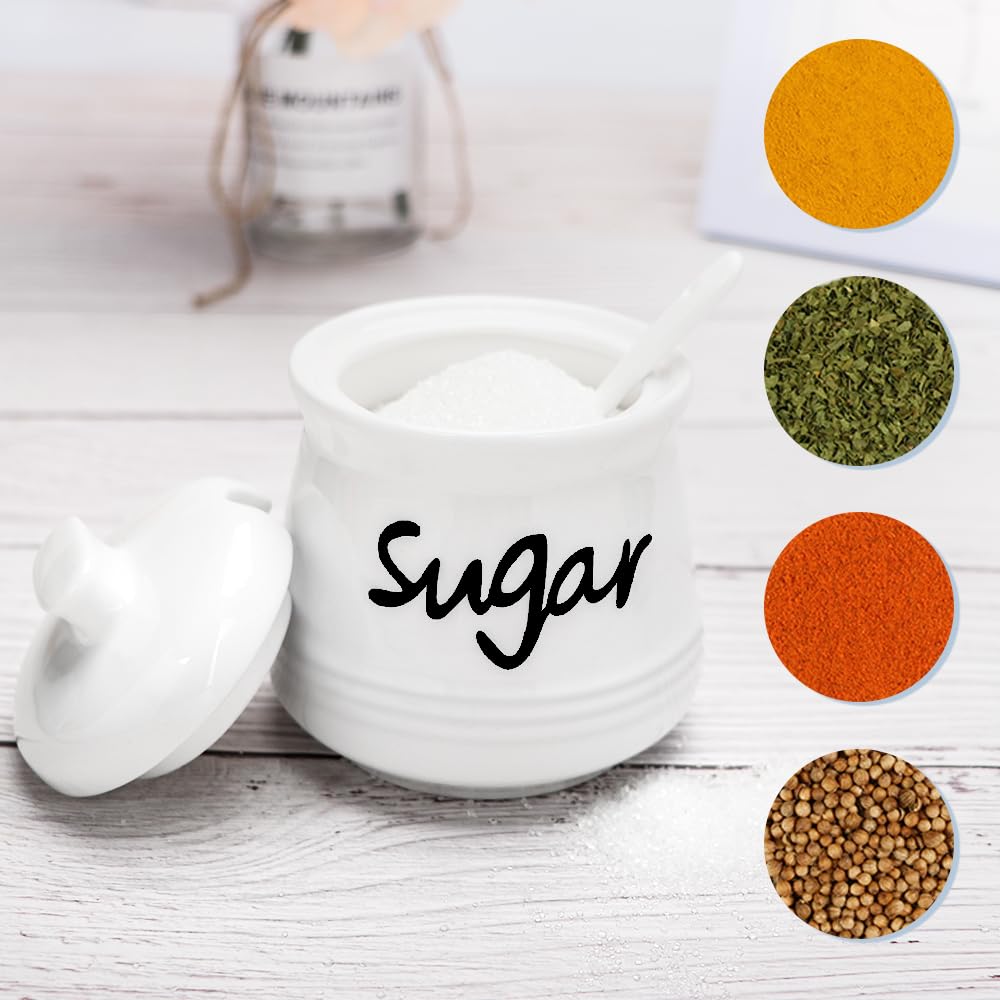 Swetwiny Porcelain Sugar Bowl with Lid and Spoon, 12 Ounces Ceramic Sugar Storage Jar Sugar Dispenser, White Seasoning Container for Home and Kitchen (Sugar)