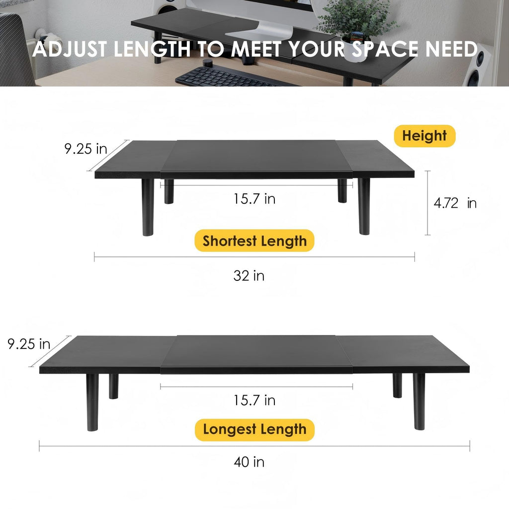 Dual-Monitor-Stand-Riser-For-Desk Adjustable Length 32-40 Inch，Large Desktop Computer Monitor Riser For 2 Screens，Desk Shelf Organizer Riser Stand For Computer/Laptop/PC/Printer/TV
