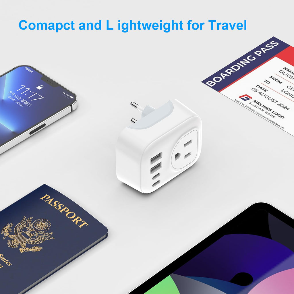 European Travel Plug Adapter, DIWILI International Power Plug with 2 AC Outlets 4 USB Ports(2 USB C), Type C Travel Essentials Charger for Canada to Most of Europe EU Italy Spain France