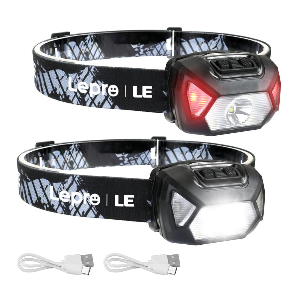 Lepro Headlamp Rechargeable 2-Pack, 2000 Lux Super Bright LED Headlamp with Red and White Light, 6 Lighting Modes Hardhat Head Lamp, Waterproof Lightweight Headlight for Outdoor Camping Running