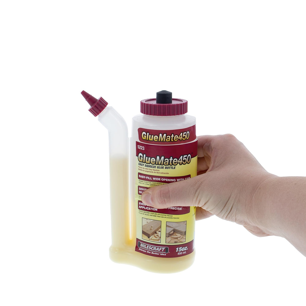 Milescraft 5223 Glue Mate 450-15oz. (450ml) Precision Wood Glue Bottle - Anti-Drip - Dowel and Biscuit Tips Included - Easy Flow Multi-Chamber Design - Ideal for Woodworking
