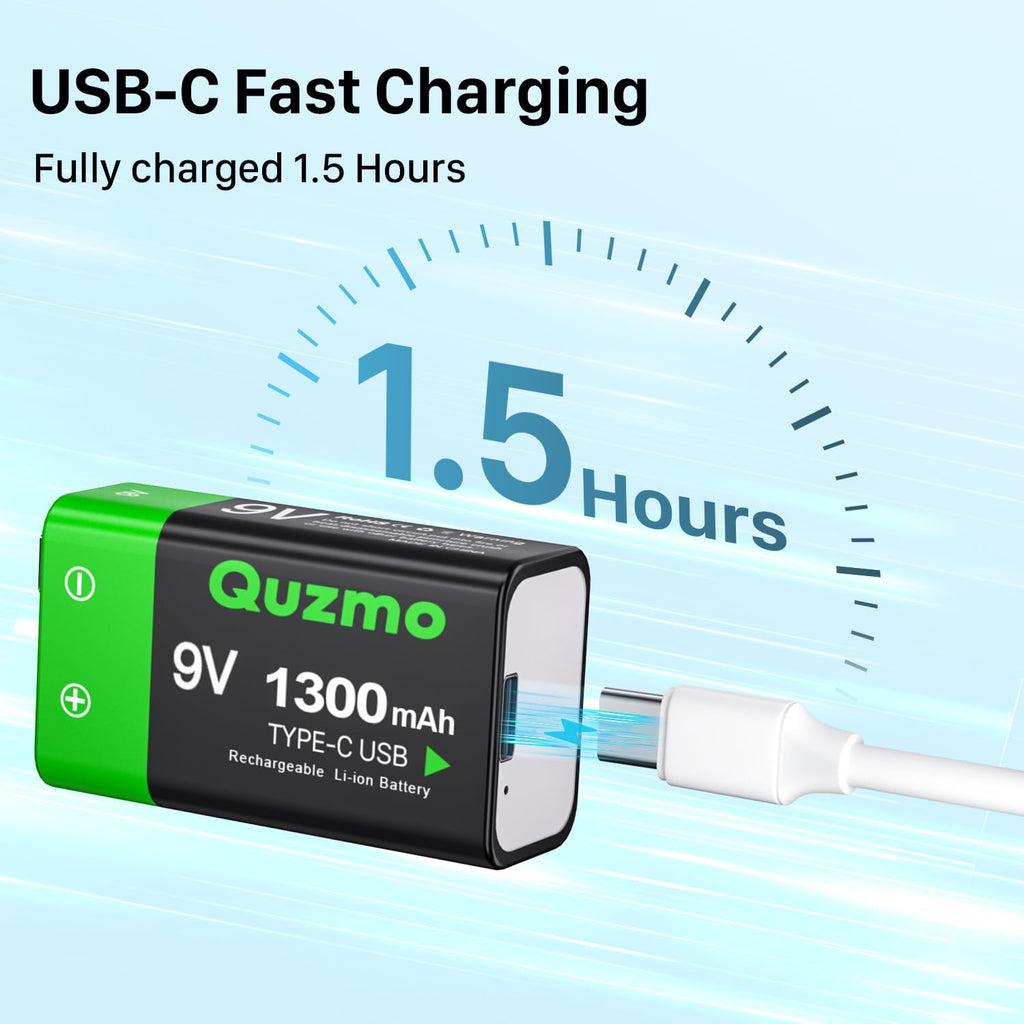 3-Pack Rechargeable 9 Volt Lithium-ion Batteries, 1300mAh Long Lasting Power, USB-C Recharge with 2 in 1 Charging Cable for Smoke Alarms,Multimeters,Microphones,Walkie-Talkie,Toys