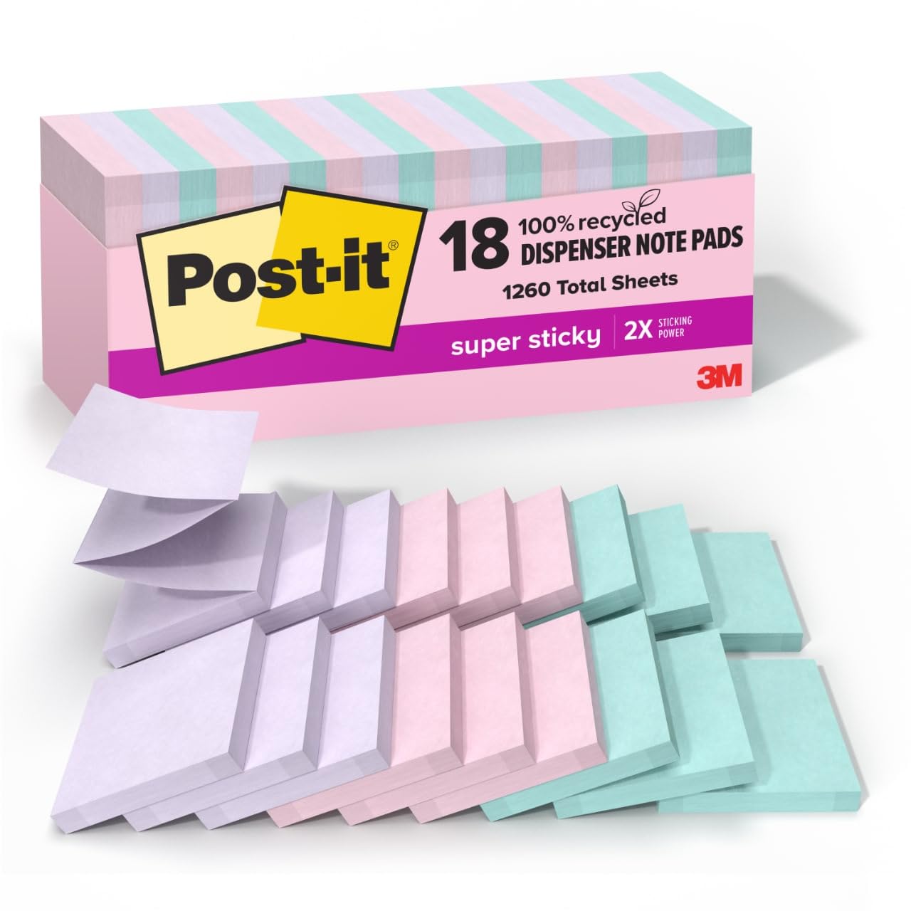 Post-it 100% Recycled Paper Super Sticky Pop-up Notes, 18 Sticky Note Pads, 3 in. x 3 in., Wanderlust Pastels Collection, New Year Organization or Second Semester School Supplies