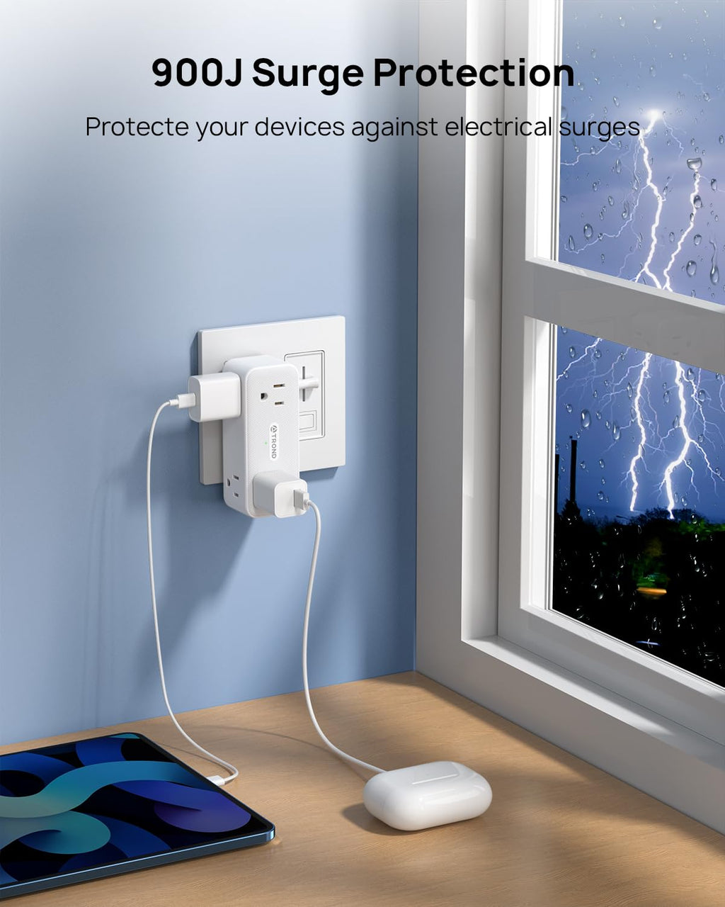 TROND Surge Protector Outlet Extender with 360° Rotating Plug, 2 Pack Flat Power Adapter Indoor, 6 Charging Station Ports, 3 Way Wall Splitters Expander for Home Office Dorm Bathroom Kitchen Travel