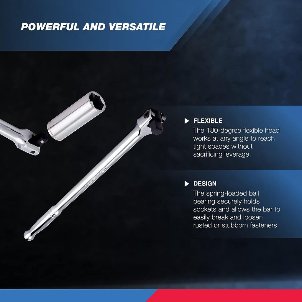 Neiko 00200A 1/2" Drive Extension Breaker Bar | 15" Length | Rotating Flex Head | CR-V Steel