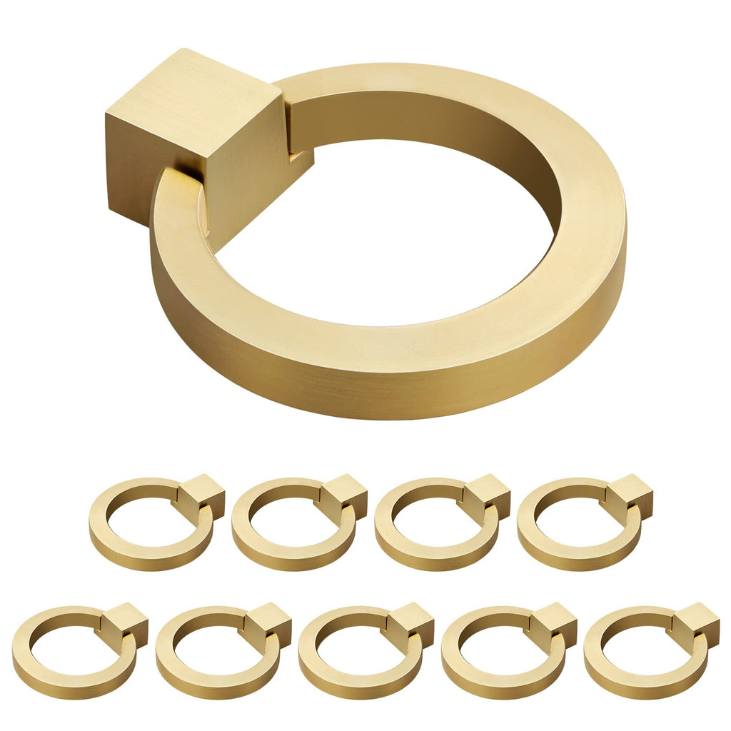 WEAVERBIRD Brushed Brass Finish Cabinet Knobs Gold Zinc Alloy Modern Kitchen Ring Pull Handles 1.57" Diameter Single Hole for Drawer - Pack of 10