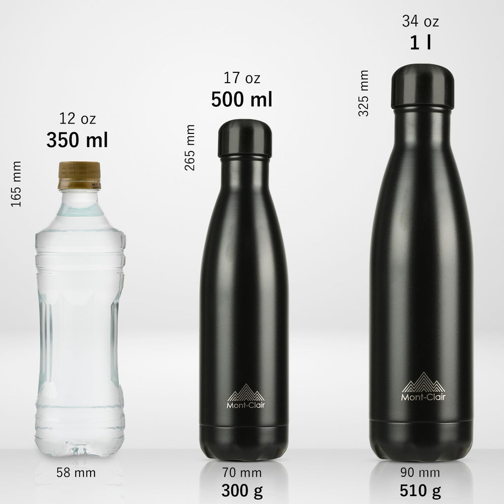 Mont-Clair l'O Stainless Steel Water Bottle, Vacuum Insulated - BPA Free, 12h Hot & 24h Cold Drinks Bottle, Metal, 1L Leakproof, Ideal for Adult, Kids, Running - Black