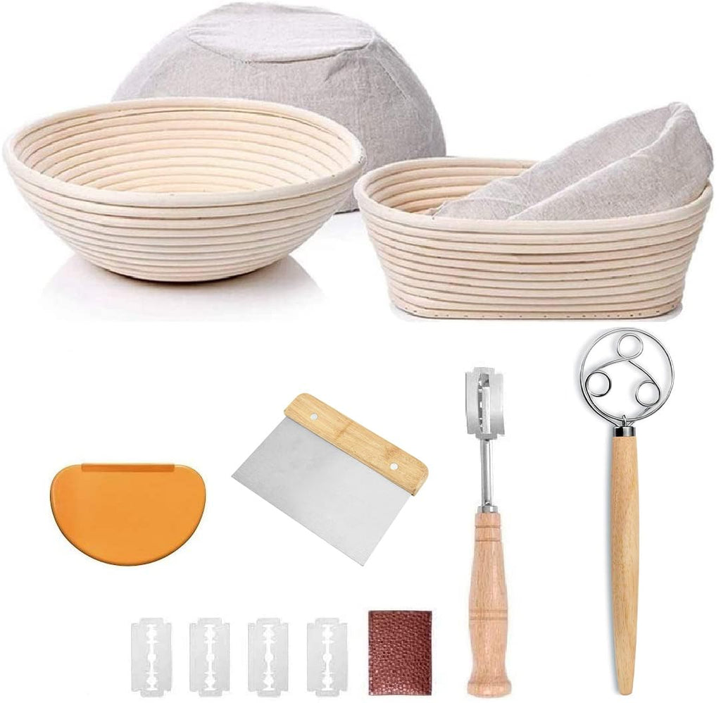 Bread Proofing Basket Set Of 2 Round and Oval, Banneton Proofing Basket + Danish Dough Whisk + Bread Scoring Lame + Stainless Steel Dough Scraper + Flexible Scraper, Sourdough Tools Kit, Baking Gifts