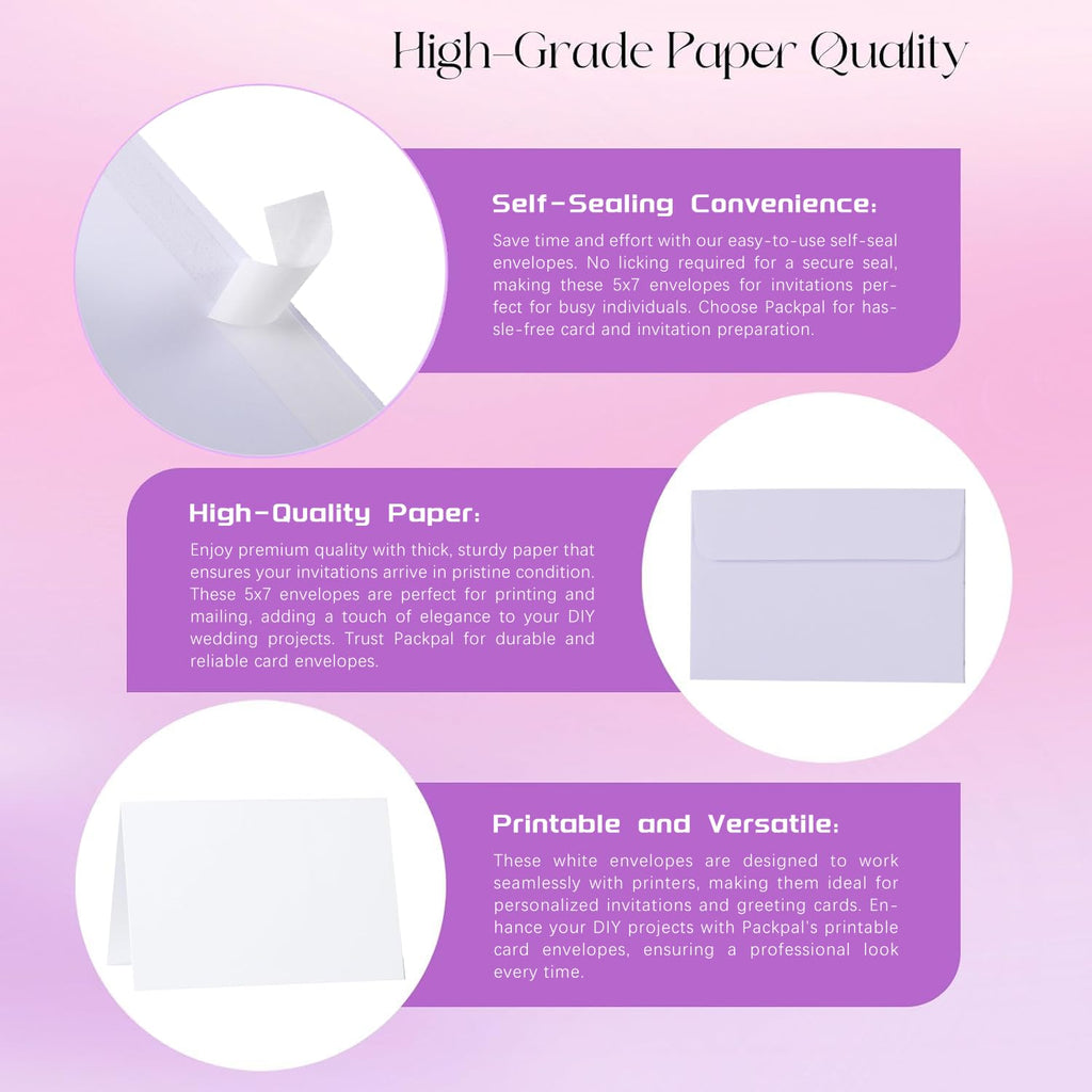 Packpal Blank Cards and Envelopes 5X7, 50Pack Self Seal White Fold Cardstock with Envelope for Wedding Invitation, DIY Note, Homemade, Thank You Greeting Card