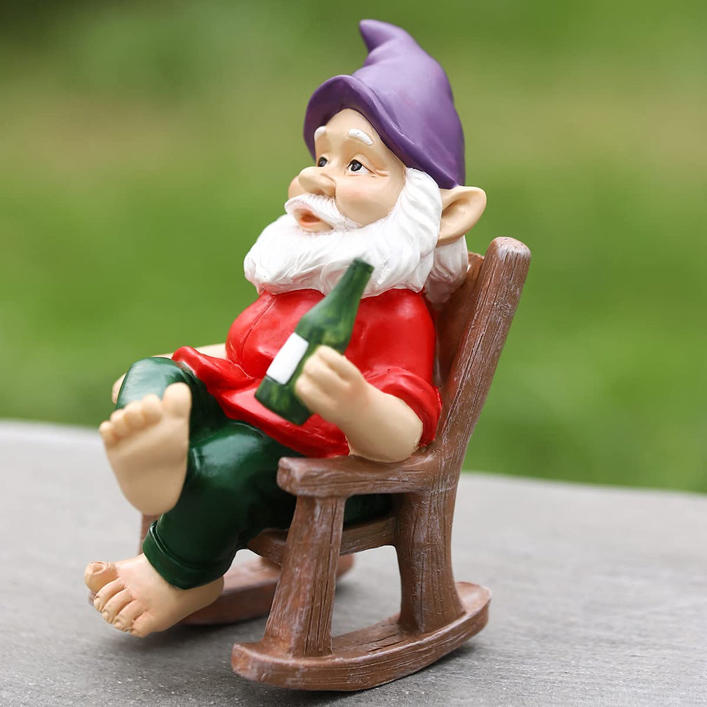 Drinking Garden Gnome Sitting on Rocking Chair, Outdoor Gnome Statue Decorations, Funny Garden Figurines for Lawn Patio (A)