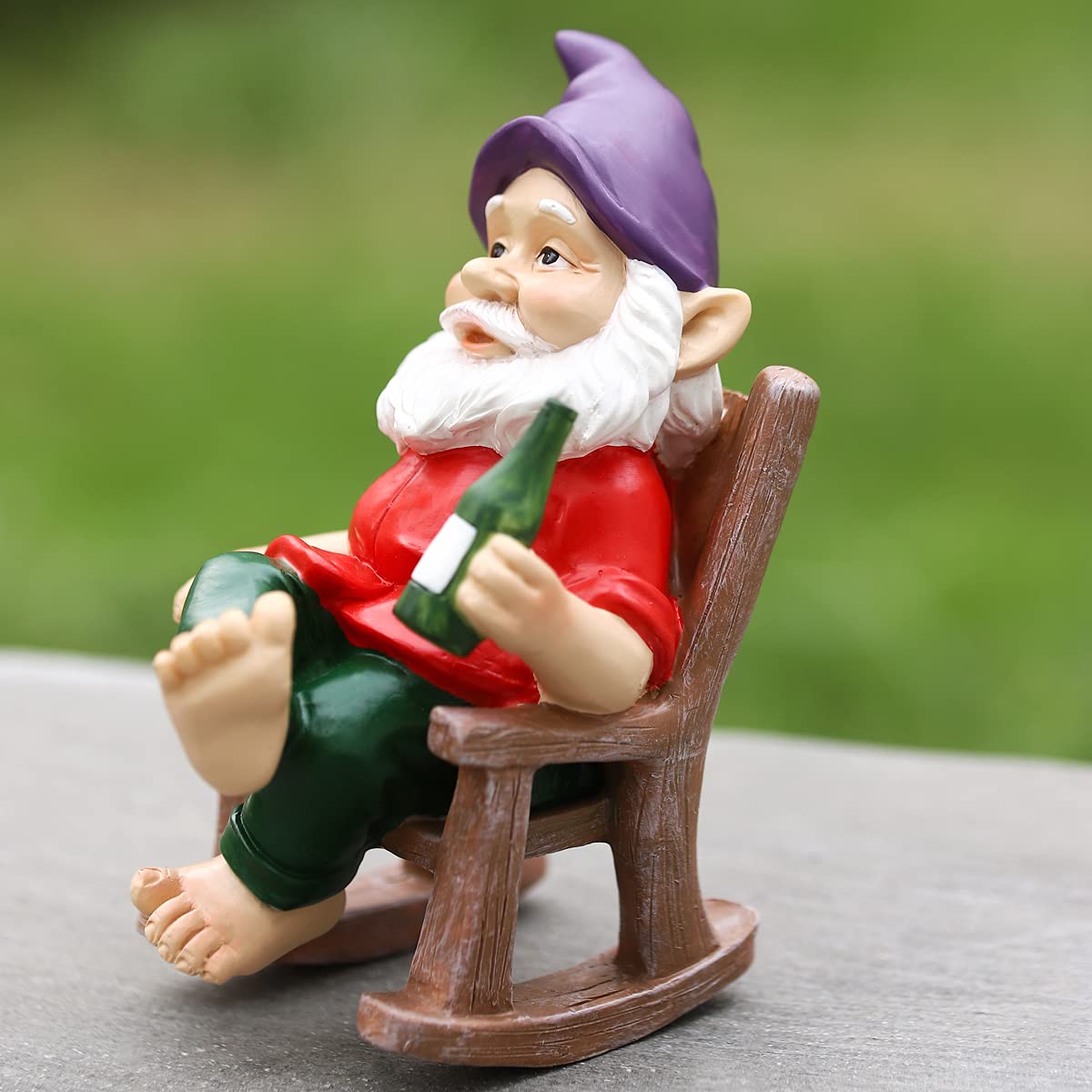 Drinking Garden Gnome Sitting on Rocking Chair, Outdoor Gnome Statue Decorations, Funny Garden Figurines for Lawn Patio (A)