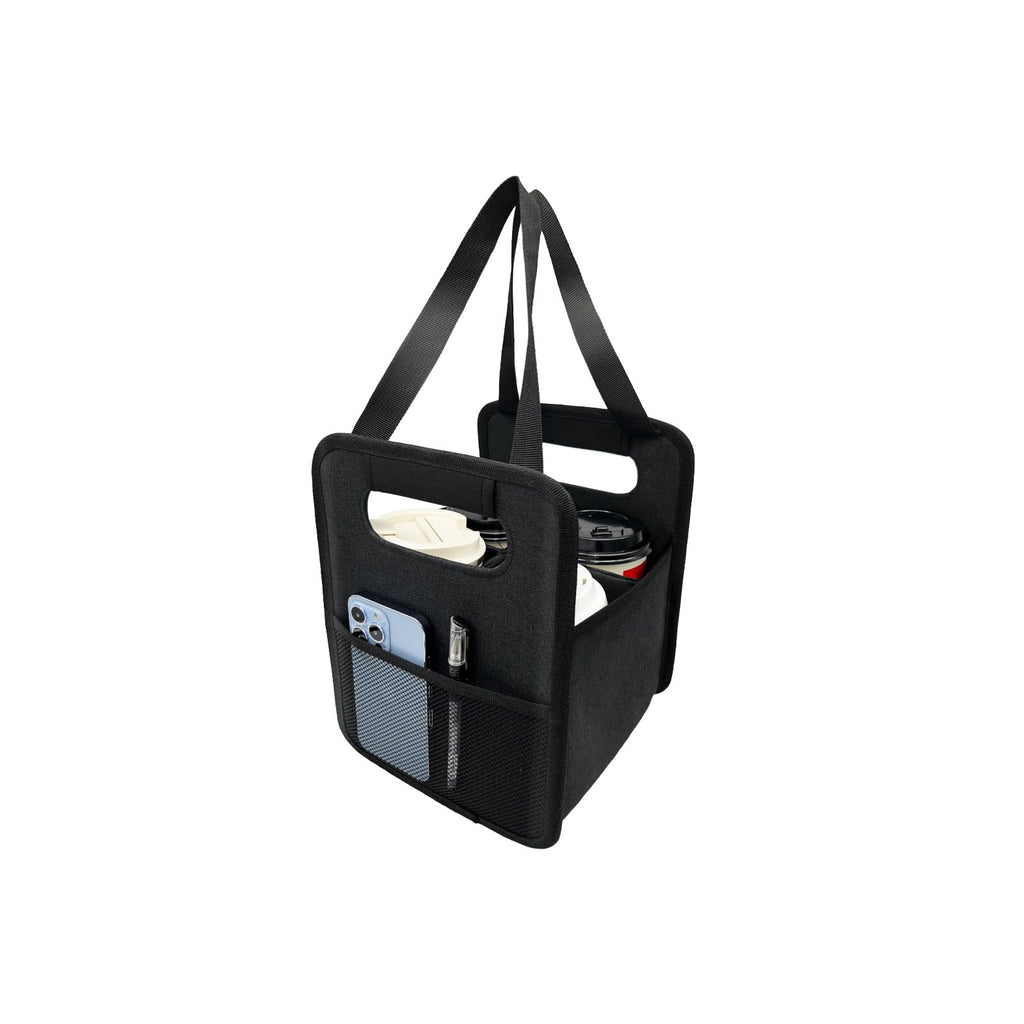 NENYX Reusable 4 Cup Drink Carrier with Handle and Adjustable Dividers, Insulated Caddy for Take Out, Foldable Coffee Cup Holder for Hot & Cold Drinks (Black)