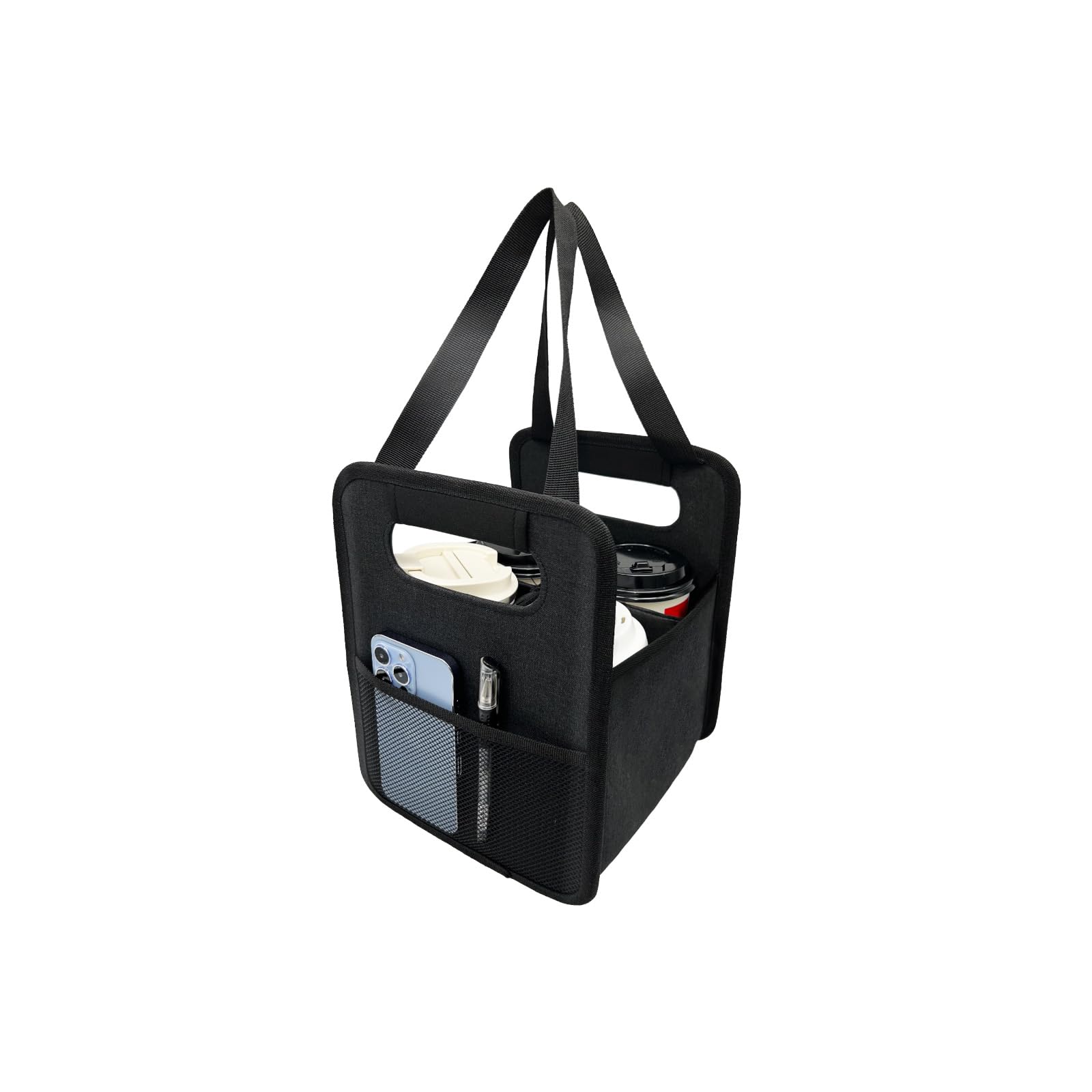 NENYX Reusable 4 Cup Drink Carrier with Handle and Adjustable Dividers, Insulated Caddy for Take Out, Foldable Coffee Cup Holder for Hot & Cold Drinks (Black)