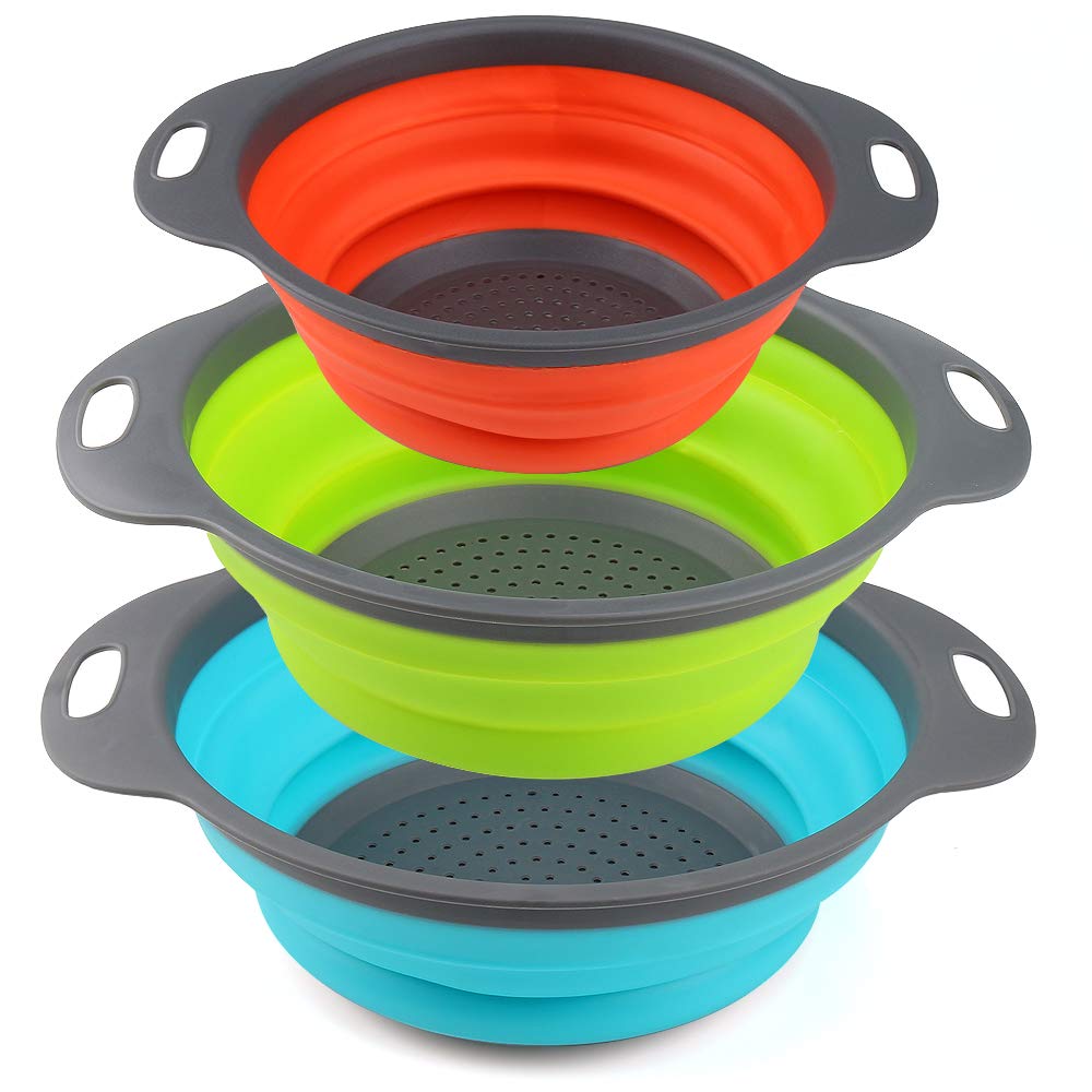 Collapsible Colander, BESUNTEK Strainer Set Round Food Silicone Kitchen for Draining Pasta, Vegetable and Fruit 2 pcs 4 Quart and 1 pcs 2 Quart (Orange + Green + Blue)