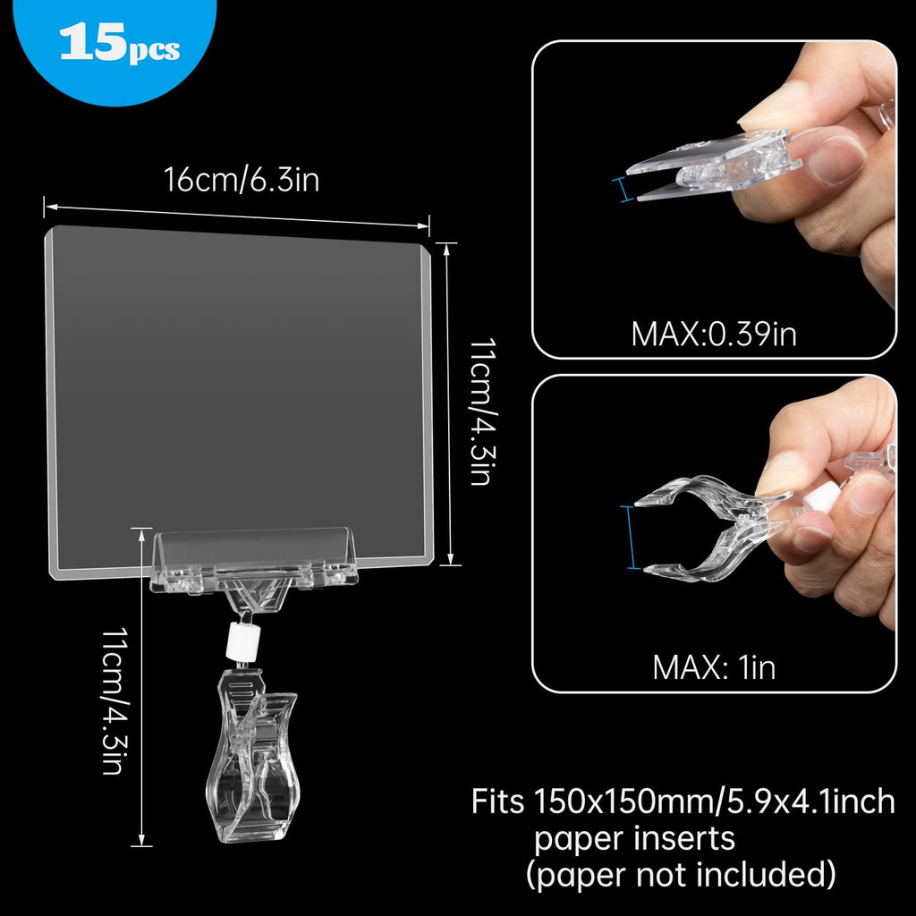 SIYOMG Plastic Sign Holder Clip, 15 Pack Double Head Rotating Clip On POP Swivel Sign Holding Clamp with Card Protector, Merchandise Sign Display Clip for Business Store Supermarket Office Exhibition