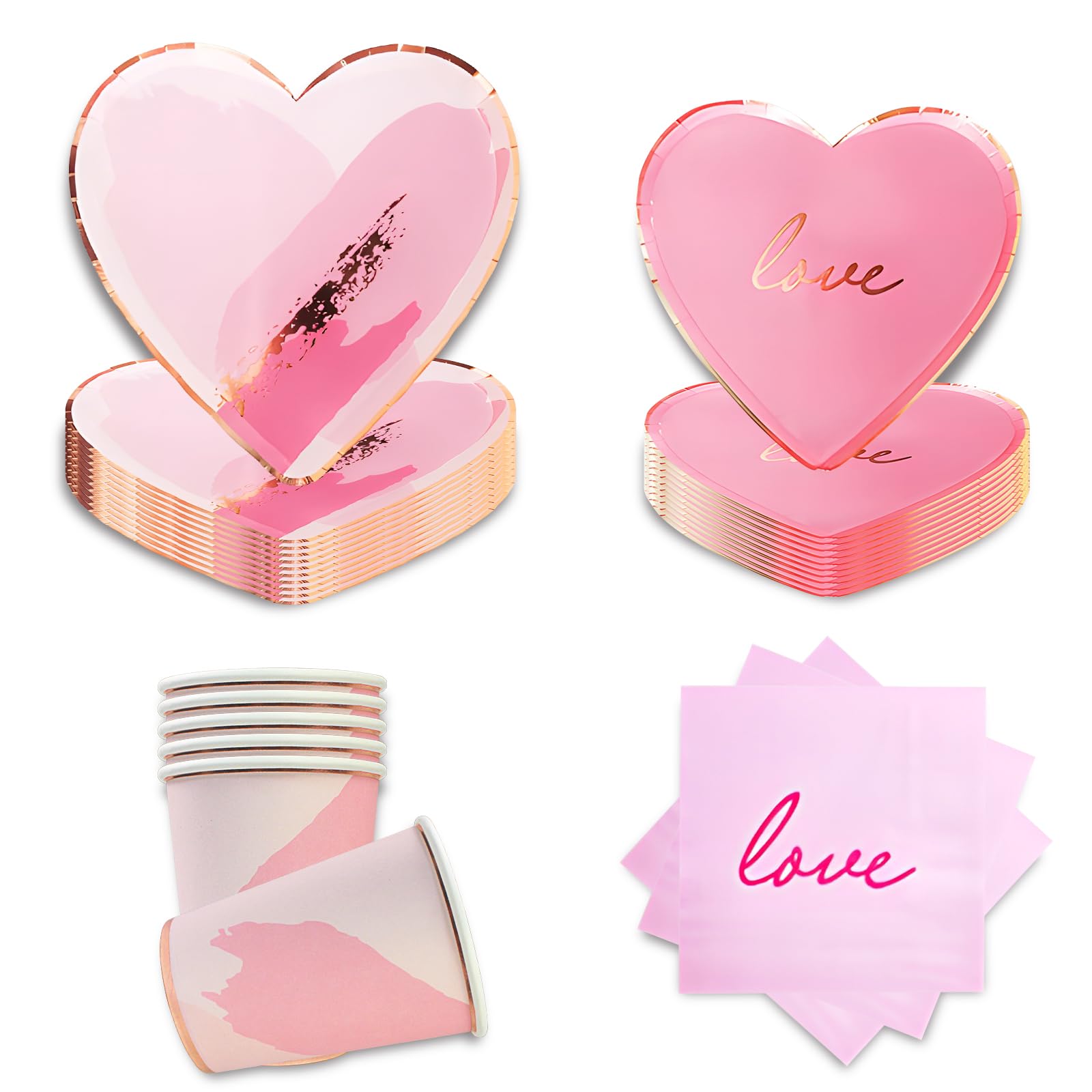 Dulousia Pink Heart Shaped Party Tableware - Disposable Wedding Engagement Paper Plates Cups Napkins, Valentine’s Day, Baby Shower, Mother’s Day Tableware, Marry Me LOVE Themed Party Supply 68pcs