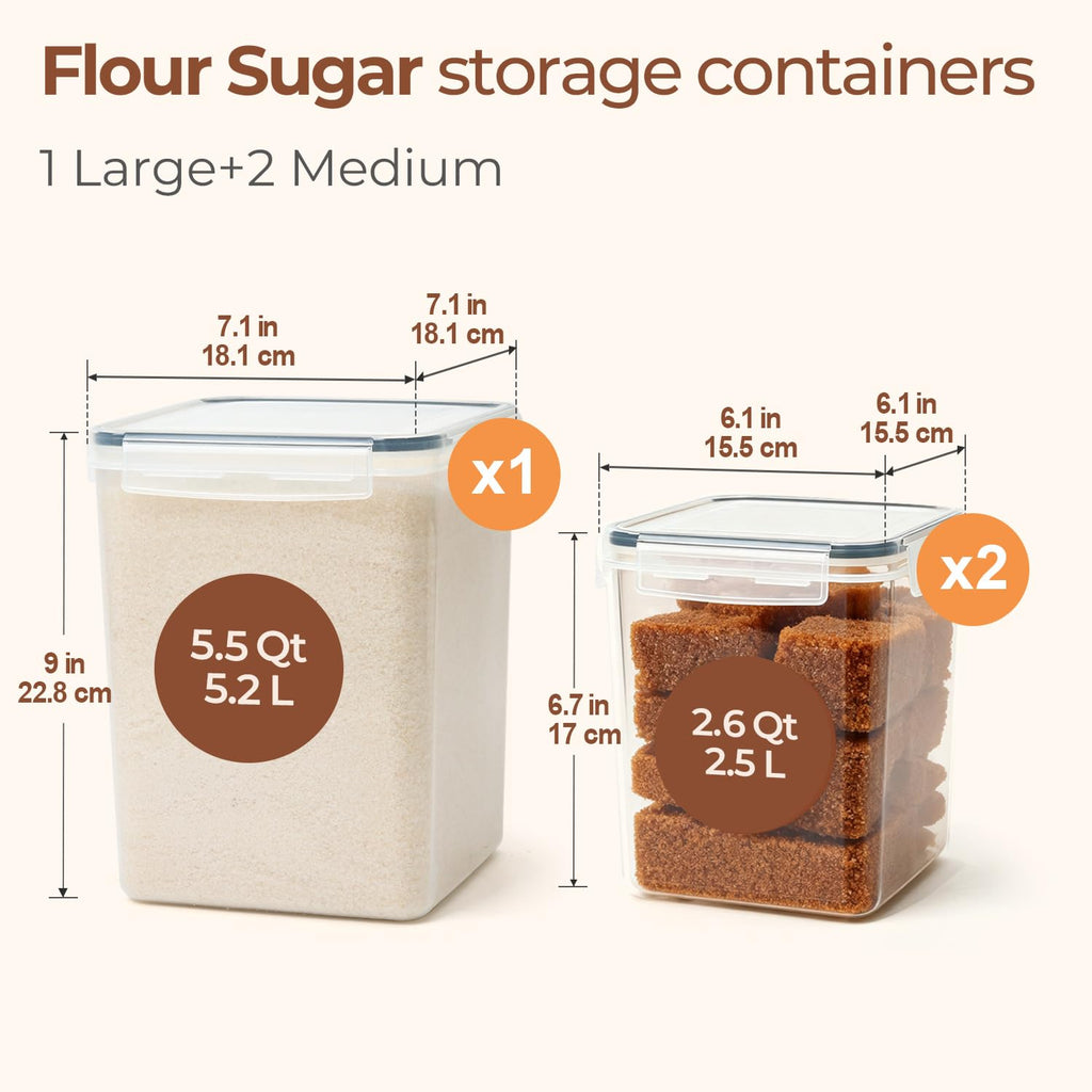 ComSaf Flour Storage Containers Set of 3 (5.2L/5.5Qt) (2.5L/2.6Qt*2), Large Airtight Food Storage Containers with Lids, Plastic Canisters Sets for Kitchen, Pantry Organizers for Rice Cereal and Baking
