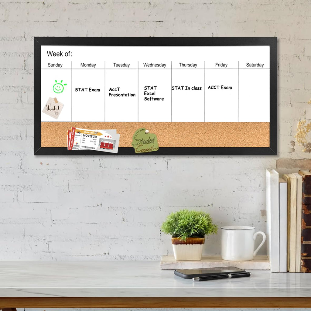 Umtiti Magnetic Weekly Dry Erase White Board and Cork Board, Black Wood Frame，Magnetic Surface Whiteboard for Home Office and Wall Decor(ZHZL-3060BK)