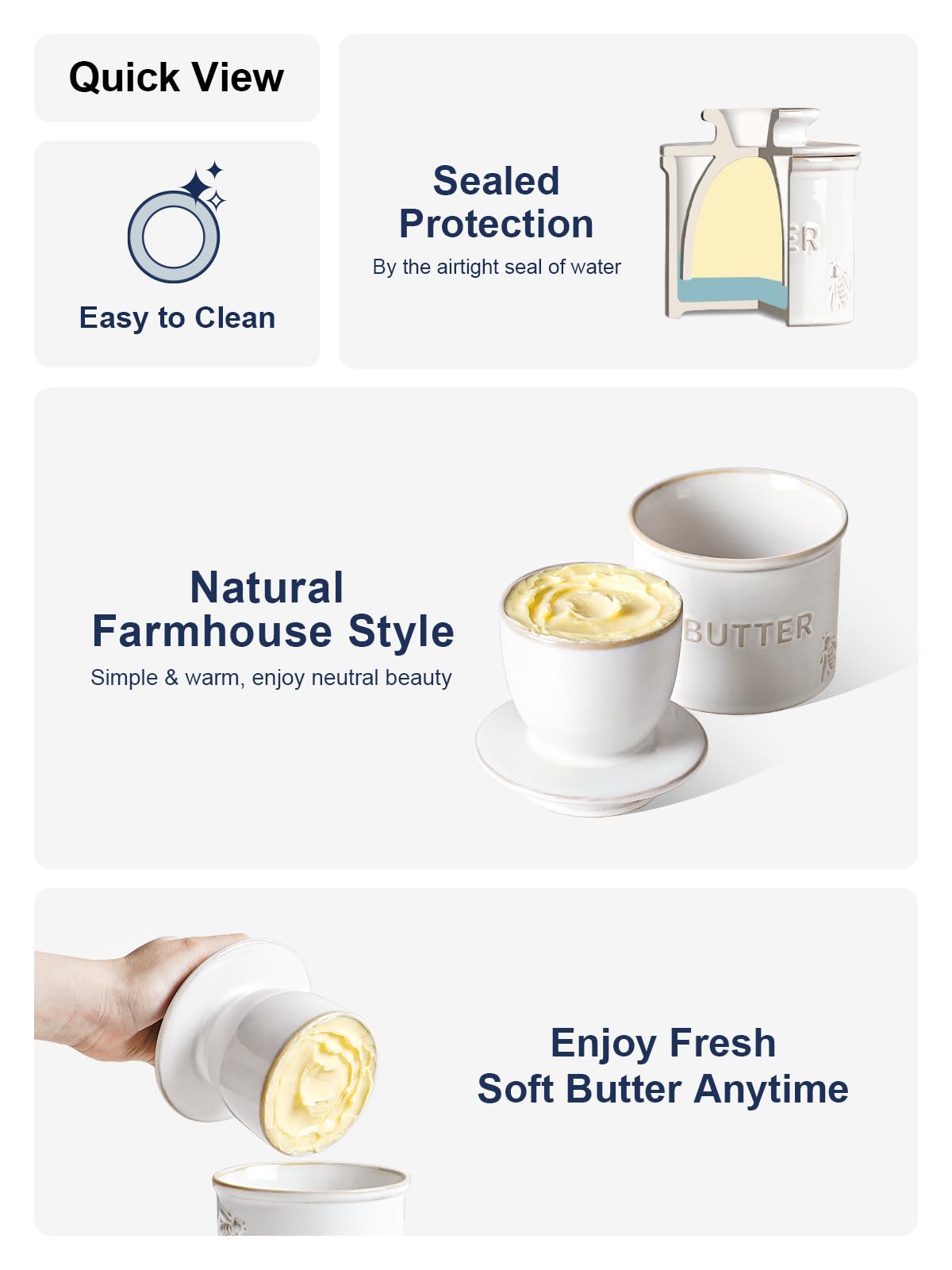LE TAUCI Butter Crock, Butter Dish with Lid, Butter Container for Counter with Water Line, Embossed French Butter Keeper for Spreadable Butter, Suit for Housewarming - Set of 1, Arctic White, Bee