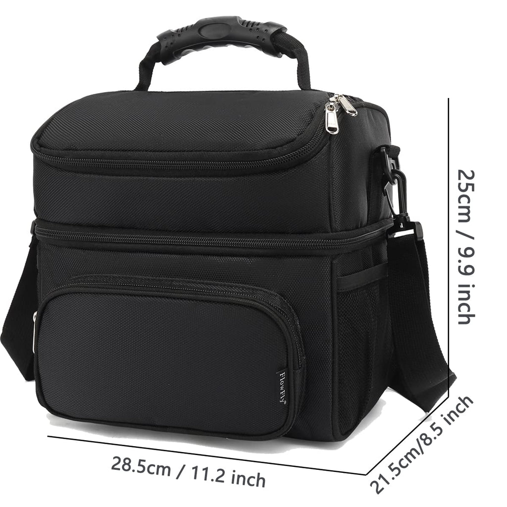 FlowFly Insulated Lunch Bag Adult Lunch Box Large Tote Double Layer Cooler for Men, Women, with Adjustable Strap,Front Pocket and Mesh Side Pockets,Black