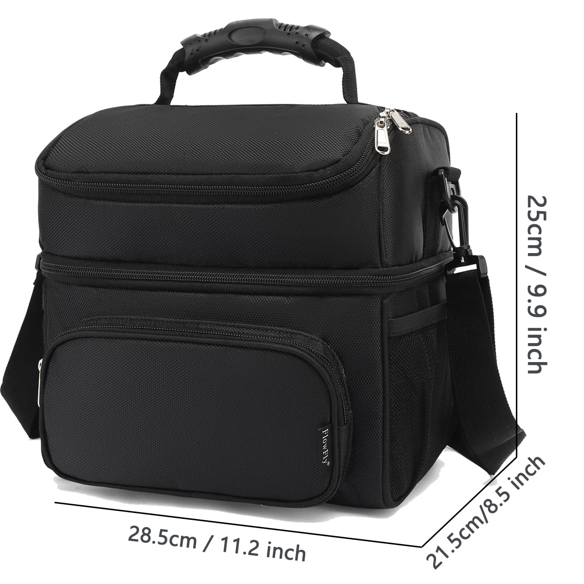 FlowFly Insulated Lunch Bag Adult Lunch Box Large Tote Double Layer Cooler for Men, Women, with Adjustable Strap,Front Pocket and Mesh Side Pockets,Black