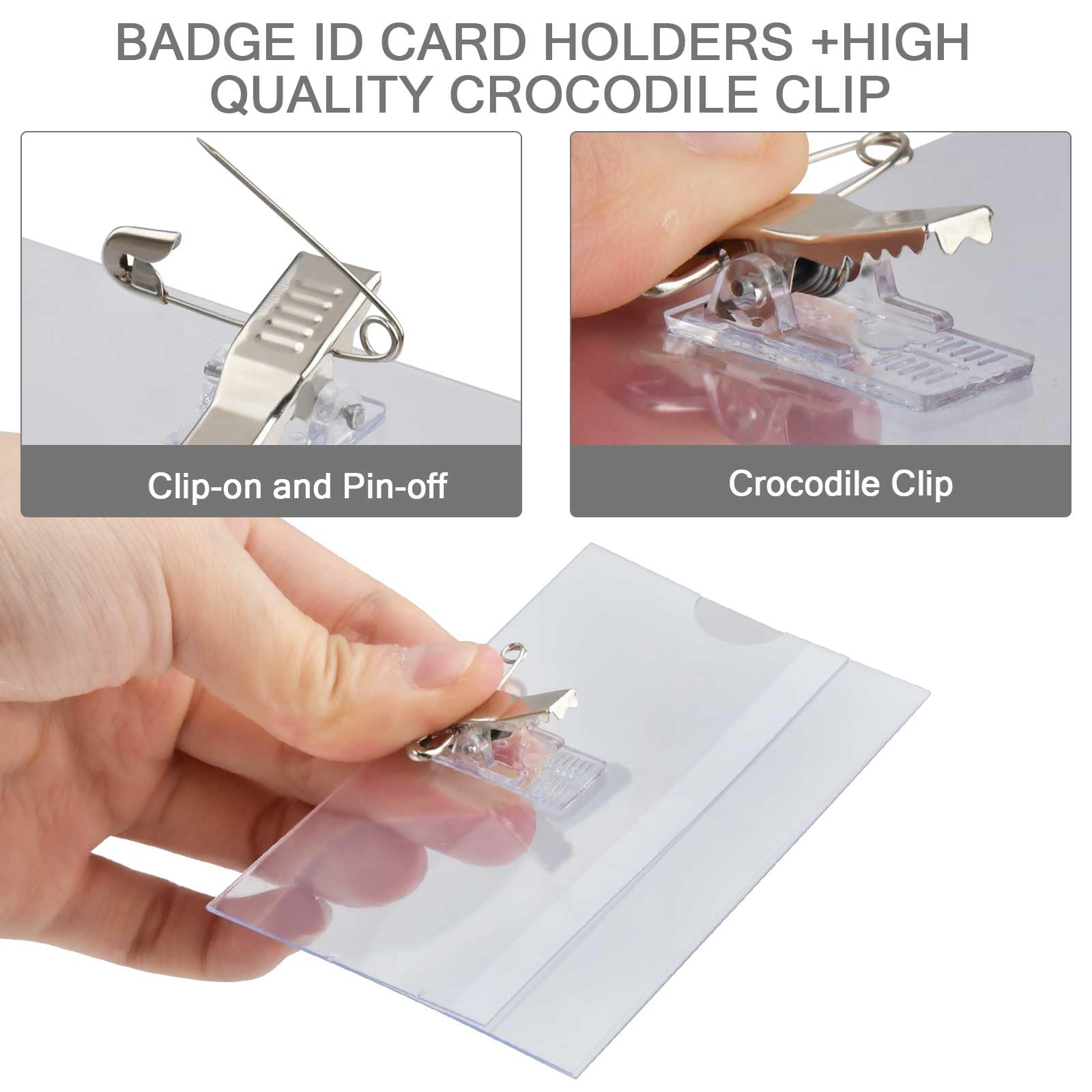BUYGOO 100 Pack Combi Clip Name Badge Holders with Pin, Name Tag Pins, Badge Pin Holder, Horizontal Clear Badges with Pins for School, Offices, Events, Conference (3.55×2.25 inch)