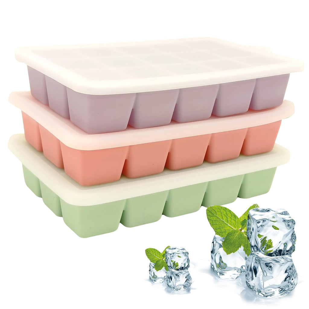 KGYMJR 3Pcs Silicone Ice Cube Tray, Square Ice Cube Tray with Lid, Reusable Ice Cube Molds for DIY Cold Drinks. (Small ice Cubes, Count, 15)
