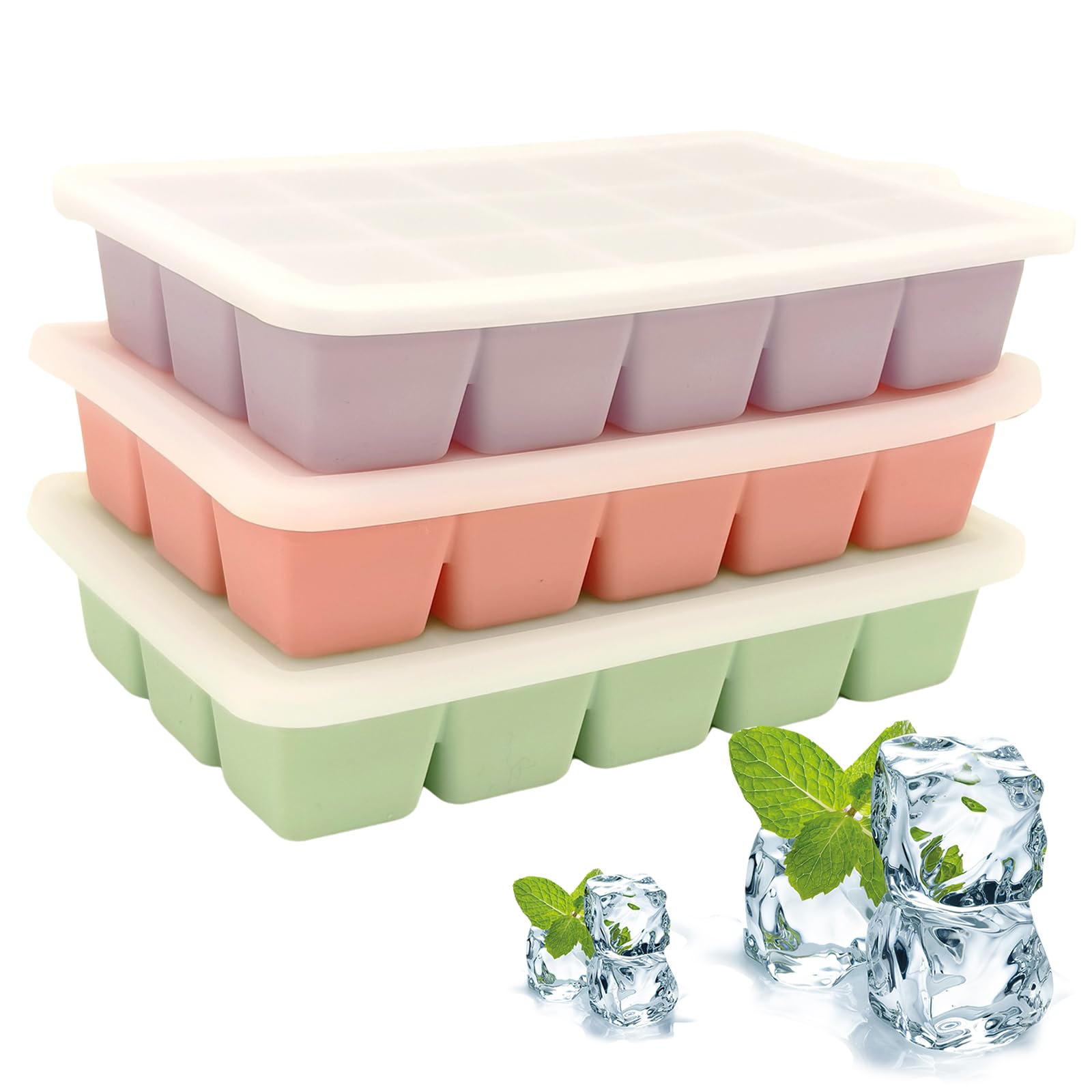 KGYMJR 3Pcs Silicone Ice Cube Tray, Square Ice Cube Tray with Lid, Reusable Ice Cube Molds for DIY Cold Drinks. (Small ice Cubes, Count, 15)